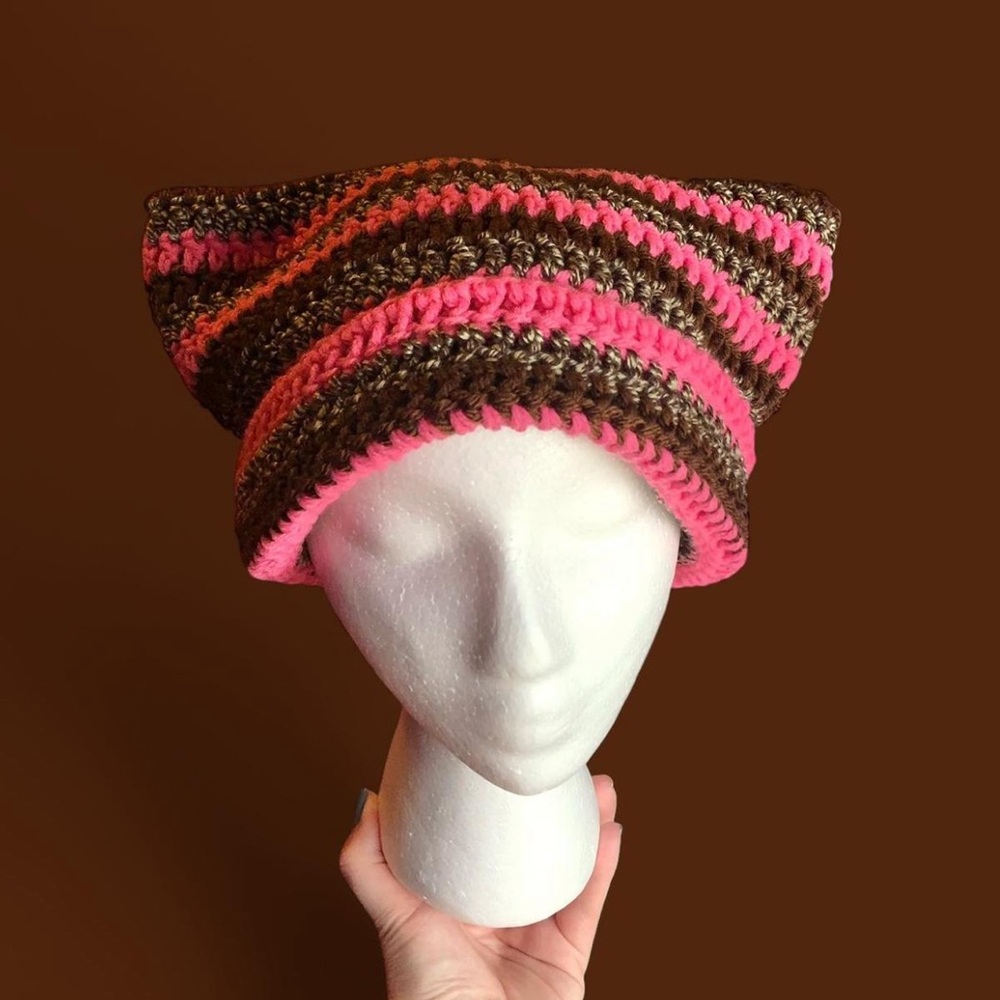 crochet pink, brown, and multi brown/tan striped cat ear beanie HANDMADE